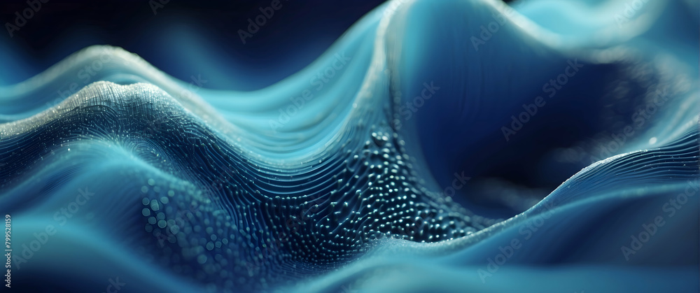 This abstract digital art presents a harmonious wavy mesh pattern in various shades of blue evoking fluidity