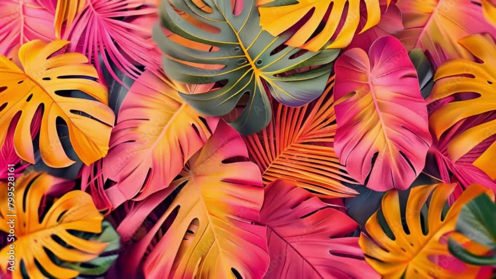 trendy summer Bali style floral patter background , colorful leaves palm shape art video wallpaper. Summer colors botanical tropical leaves ,sun light and shadows, pink, yellow lea