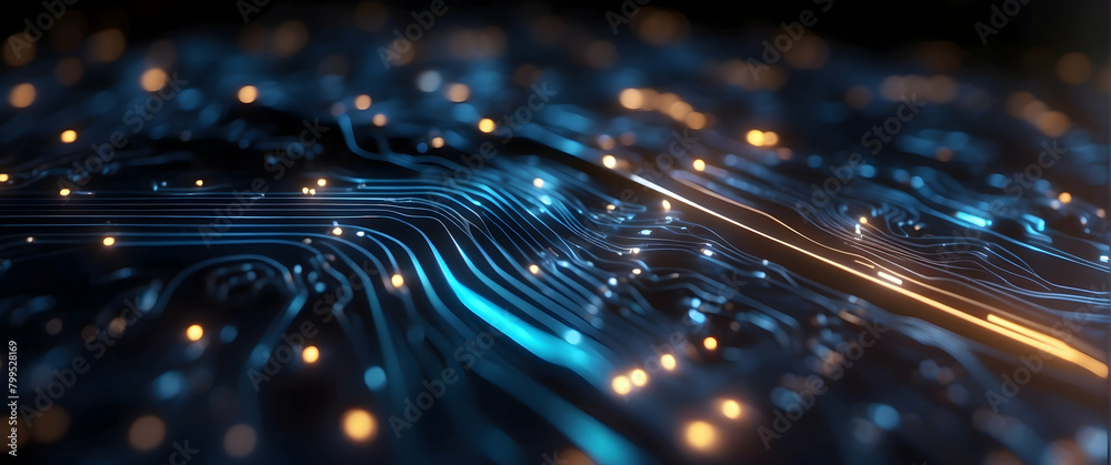 Abstract technology background featuring glowing dots and blue illuminated lines resembling a futuristic circuit board Abstract technology background featuring glowing dots and blue illuminated lines resembling a futuristic circuit board