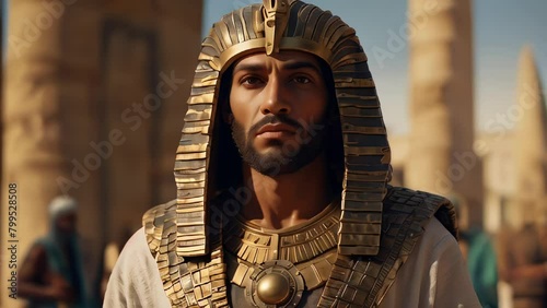 An Egyptian Pharaoh wearing an outfit with detailed jewelry and an ancient Egyptian background. The pharaoh wears a massive, detailed golden collar, adorned with intricate patterns photo