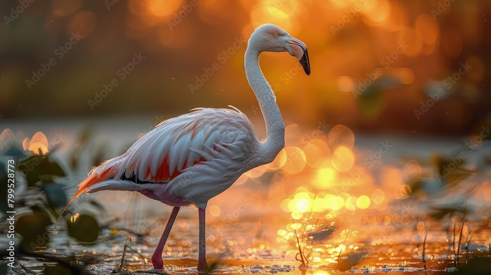 Fototapeta premium A flamingo standing tall amidst a sea of vibrant green reeds