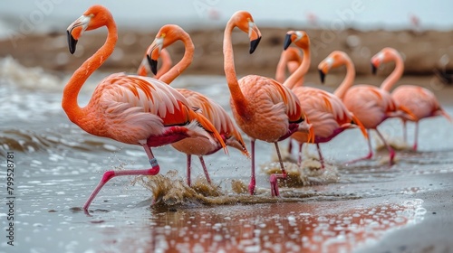 A flock of flamingos gracefully wading through the shallow waters of a tranquil lake