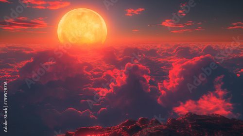 Fantasy Skyscape Illustration: Radiant Moon Overshadowing a Crimson Cloudscape photo