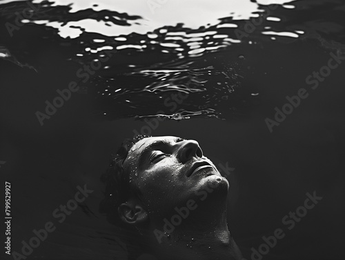 Un homme flotte dans l'eau noire, submergé par ses angoisses existentielles, ses pensées coupables et suicidaires, représentation de la dépression et des troubles psychiatriques, lutte pour survivre photo