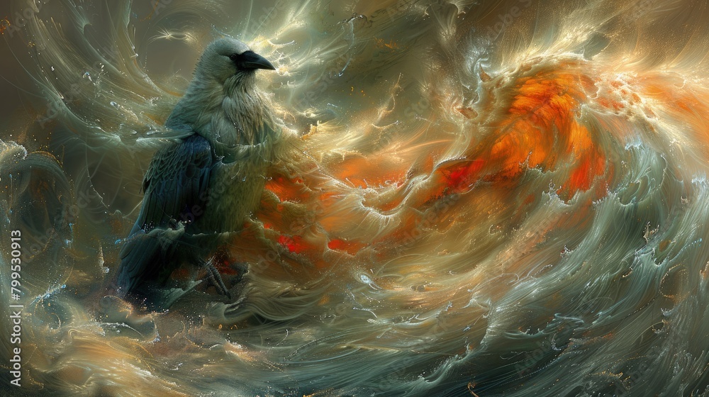 Naklejka premium A surrealistic depiction of ravens spiraling into a vortex of swirling colors and shapes, their forms merging and melding in a hypnotic dance.