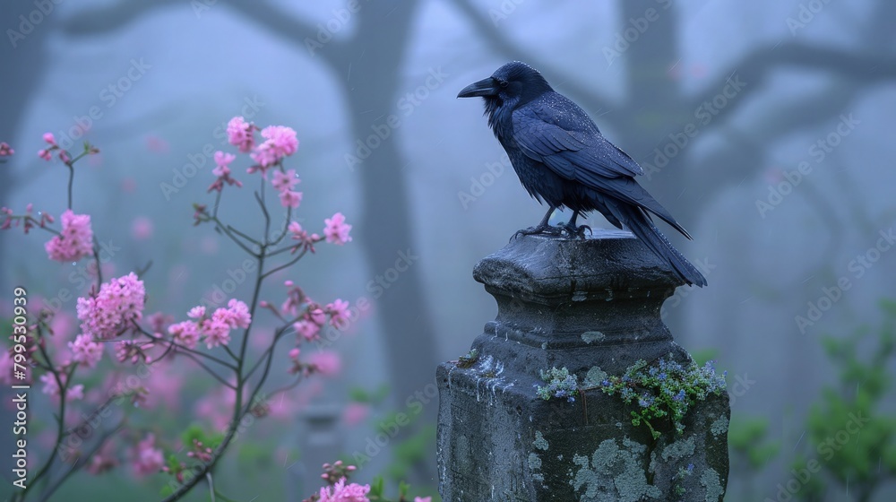 Obraz premium A sleek raven perched atop a weathered gravestone in a misty cemetery, its obsidian feathers glistening with dew in the dim light of dawn.
