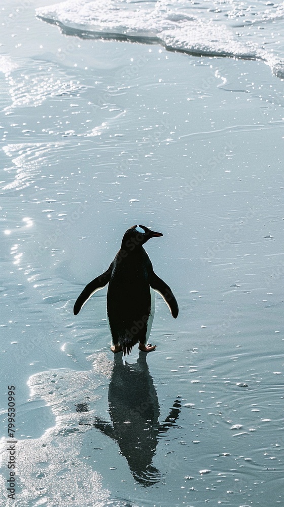 Obraz premium Quirky Penguin, A comical penguin silhouette waddling across the ice