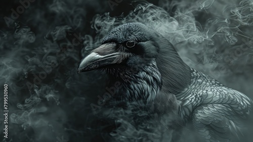 A shadowy figure cloaked in darkness, its eyes gleaming with an otherworldly intelligence as it transforms into a monstrous raven of myth and legend.