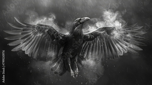 A raven swooping down from the stormy skies above