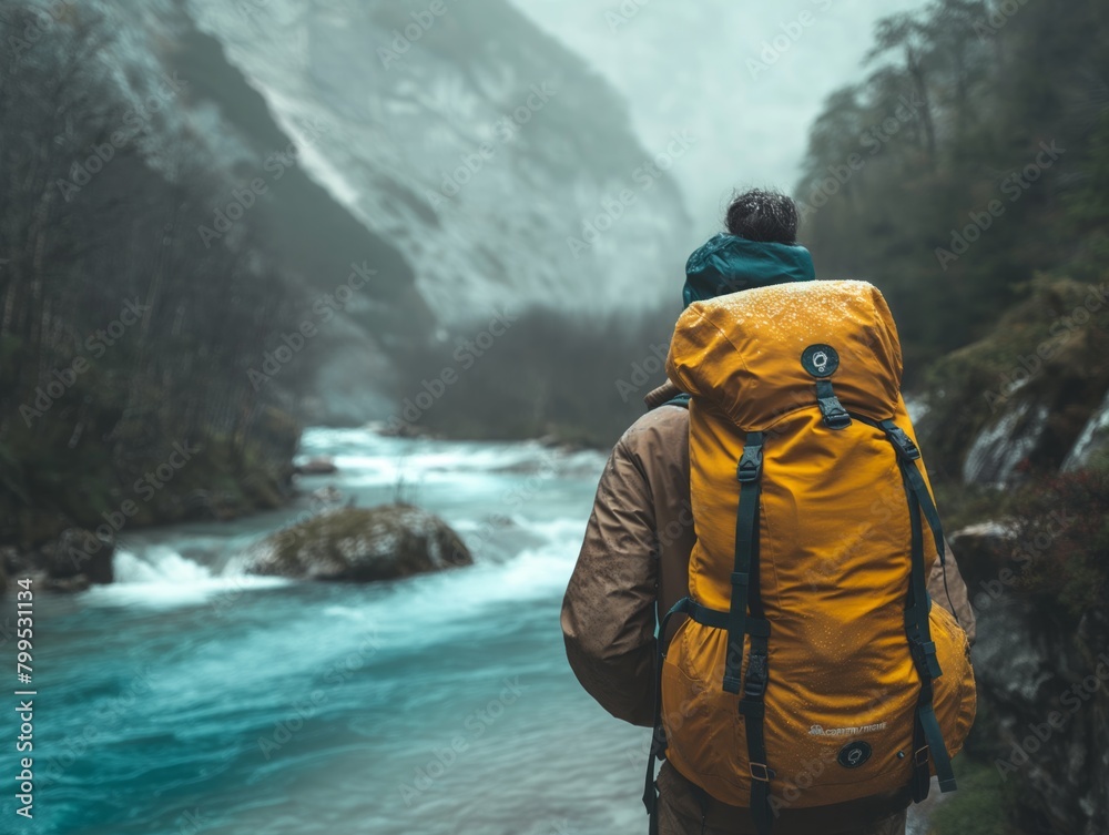 A person is walking along a river with a yellow backpack. The backpack is large and has a black strap. The person is wearing a brown jacket and a blue hat. The scene is peaceful and serene
