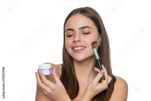 Young woman powder brush for make up. Girl doing makeup. Woman do makeup using cosmetic brush. Skincare cosmetic. Applying makeup on healthy skin. Beauty makeup products. Skin care © be free