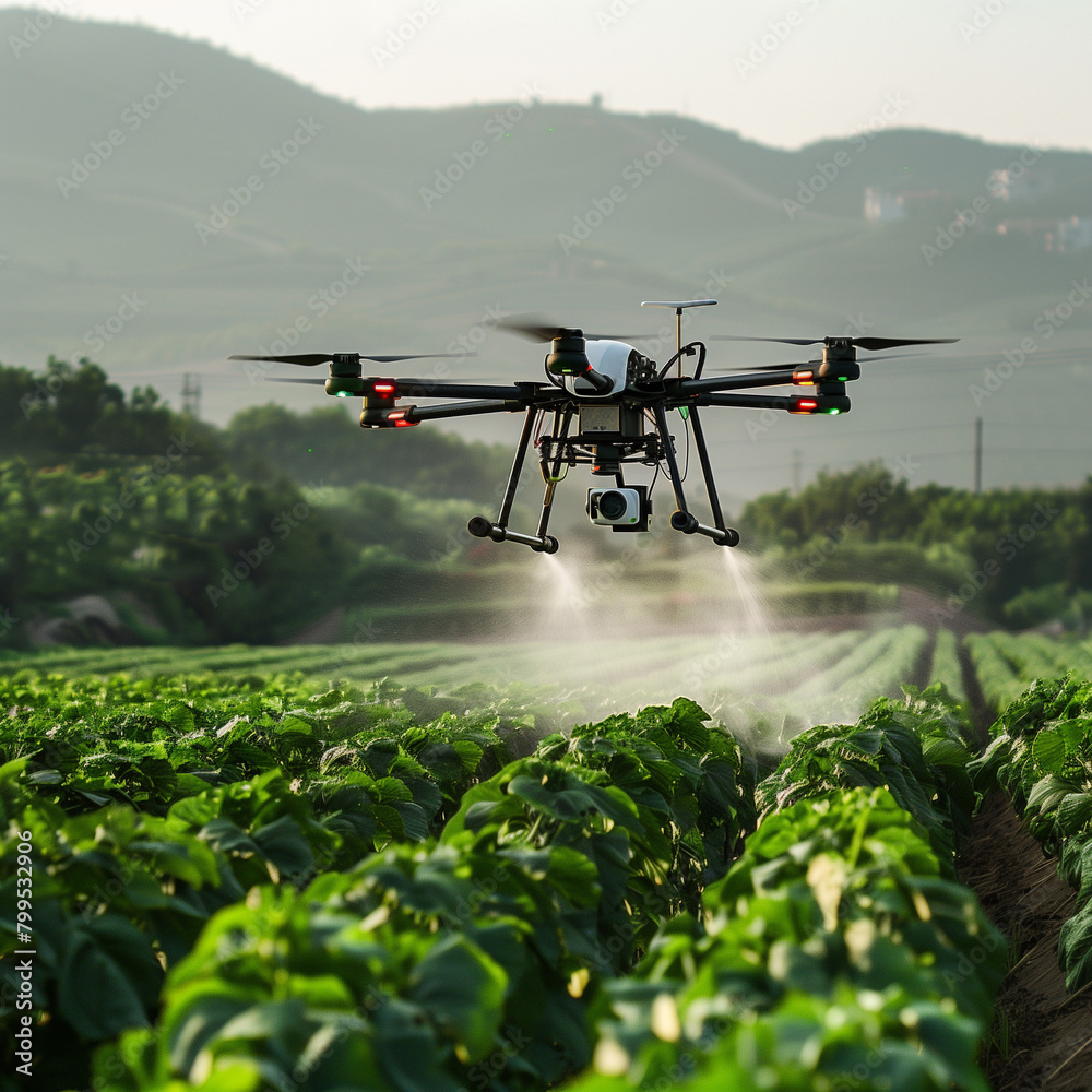 Fototapeta premium a drone flying over a large farm spraying pesticides