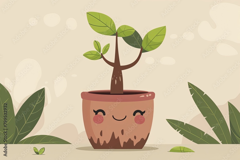 Enchanted Tree Pot Whimsical Character Grow Bud Vector Illustration