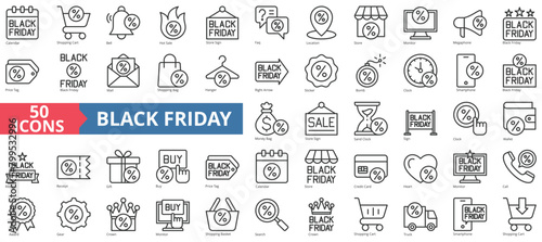 Black friday icon collection set. Containing calendar, shopping cart, bell, hot sale, store sign, faq, location icon. Simple line vector.