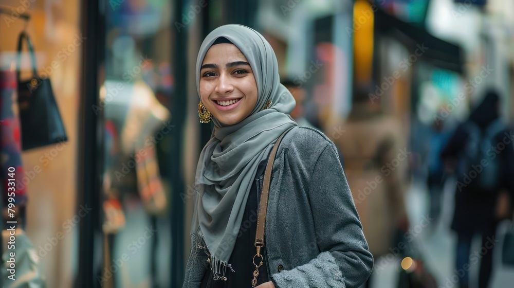 Close up photo of beautiful young Muslim woman socialite in hijab, doing shopping in shopping center.