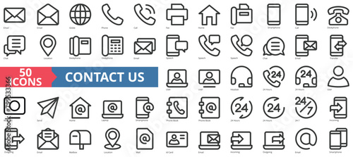 Contact us icon collection set. Containing email, globe, phone, call, fax, home, smartphone icon. Simple line vector.