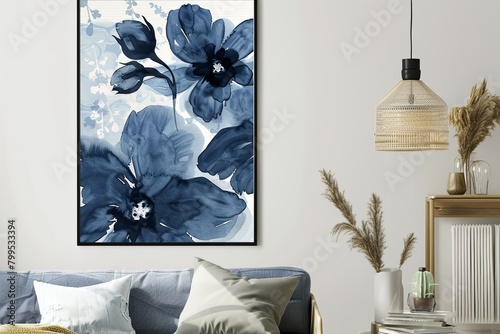 Boho Style Indigo Flower Poster Print - Navy Blue Abstract Floral Design
