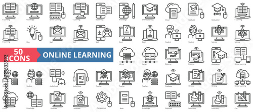 Online learning icon collection set. Containing knowledge, online, cloud, graduation, idea, mail, exam icon. Simple line vector.