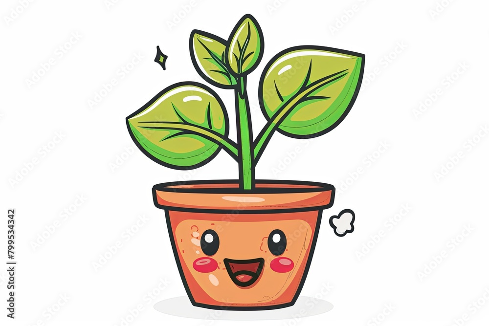 Kawaii Plant Character in Lush Pot - Vector Flora and Decor on White Kawaii Plant Character in Lush Pot - Vector Flora and Decor on White