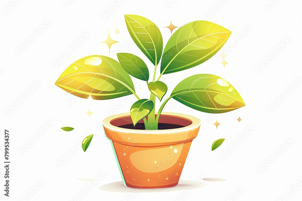 Plant Character in Pot: Vibrant Nature Vector Illustration with Shiny Leaf Highlights on White Background Plant Character in Pot: Vibrant Nature Vector Illustration with Shiny Leaf Highlights on White Background