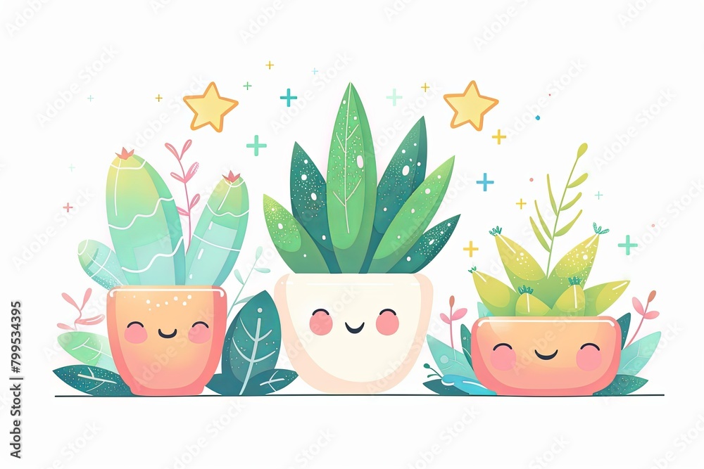 Kawaii Money Plant in Sparkling Pot - Vector Magical Garden Scene Kawaii Money Plant in Sparkling Pot - Vector Magical Garden Scene