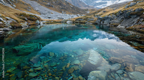 alpine beauty reflected in the tranquil waters of a mountain lake  with a prominent gray rock in th