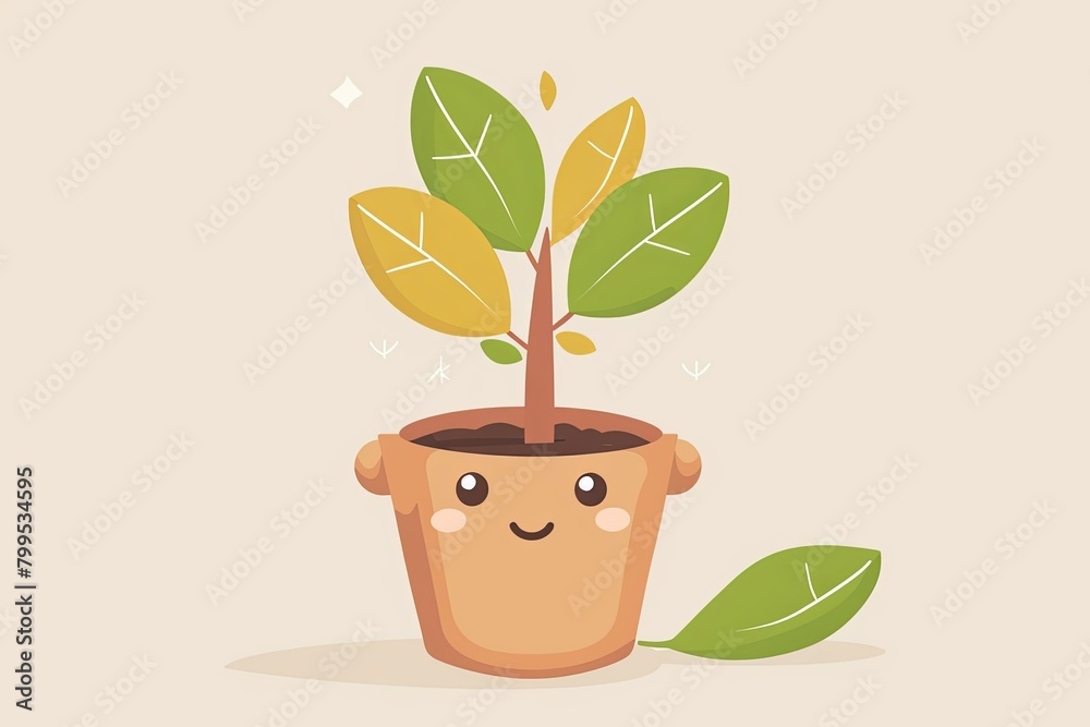 Anthropomorphic Pot Tree - Cute Vector Illustration with Spring Concept Anthropomorphic Pot Tree - Cute Vector Illustration with Spring Concept