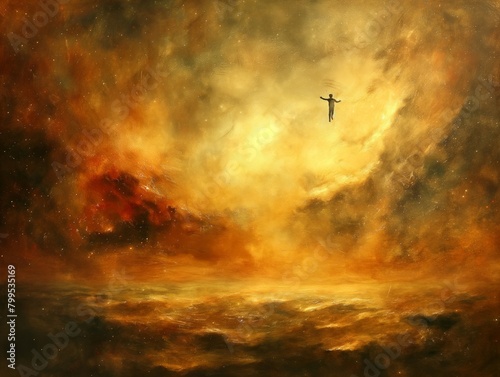 A painting of a man floating in space with a yellow background. The painting has a dreamy, ethereal quality to it, with the man appearing to be weightless and free photo