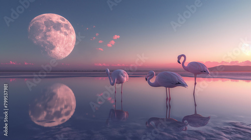 Surreal scene of flamingos standing in a mirror-like lake under a giant moon