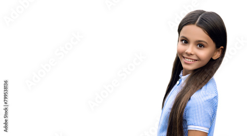Teen girl looking at camera. Casual summer style. Stylish girl has long hair. Teen summer fashion style. Style for girl. Headshot portrait of student teen girl isolated on white. Banner advertisement © be free