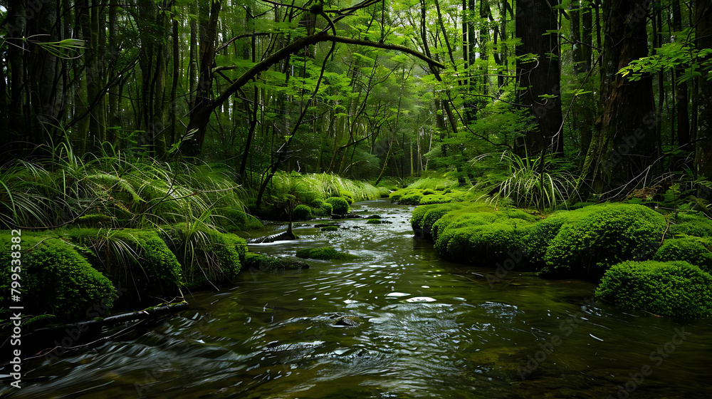 natural sanctuary in the woods a serene landscape featuring a wooden fence, a pond, and a wooden br