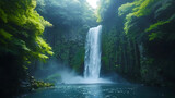 natural wonders of the world a serene waterfall cascading over blue waters, surrounded by lush gree