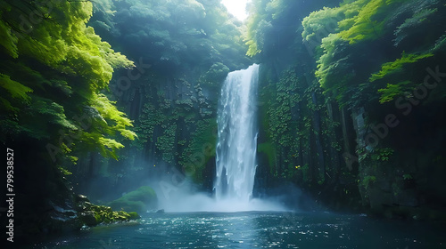 natural wonders of the world a serene waterfall cascading over blue waters, surrounded by lush gree photo