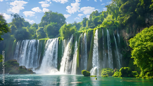 natural wonders of the world a serene landscape featuring lush green trees  cascading waterfalls  a