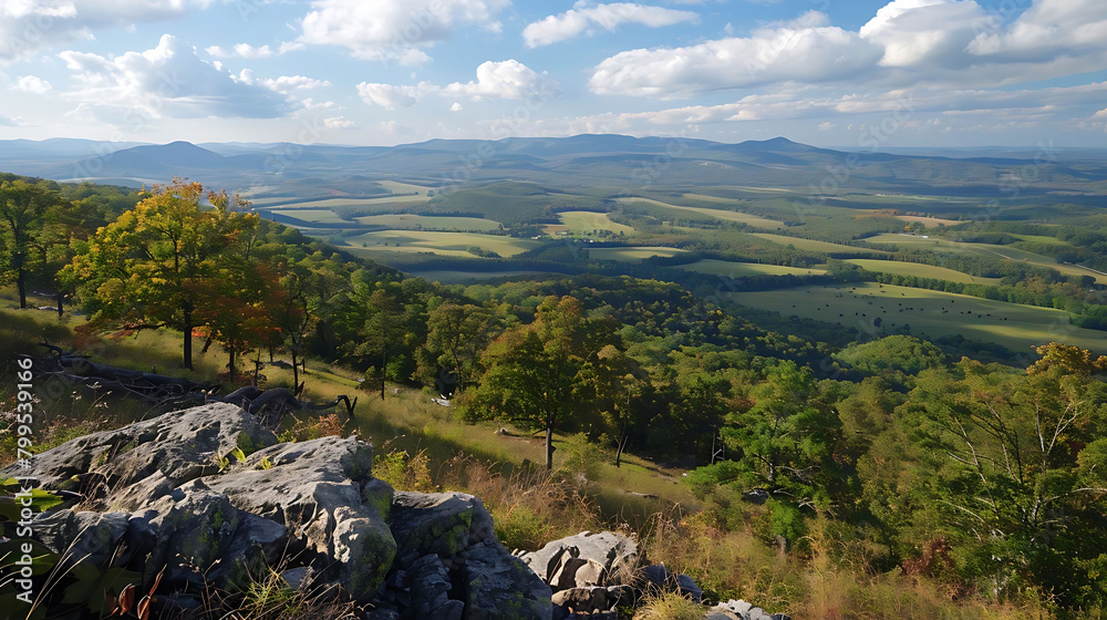 scenic overlook with lush green trees and a clear blue sky, framed by a large gray rock scenic overlook with lush green trees and a clear blue sky, framed by a large gray rock