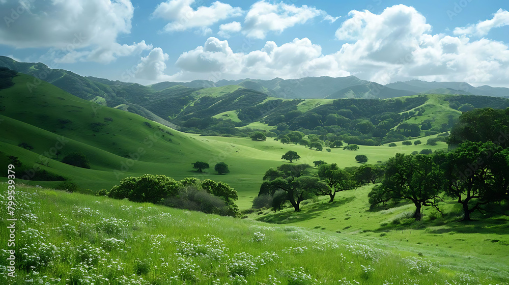 scenic vista of lush green hills and trees under a clear blue sky with a single white cloud