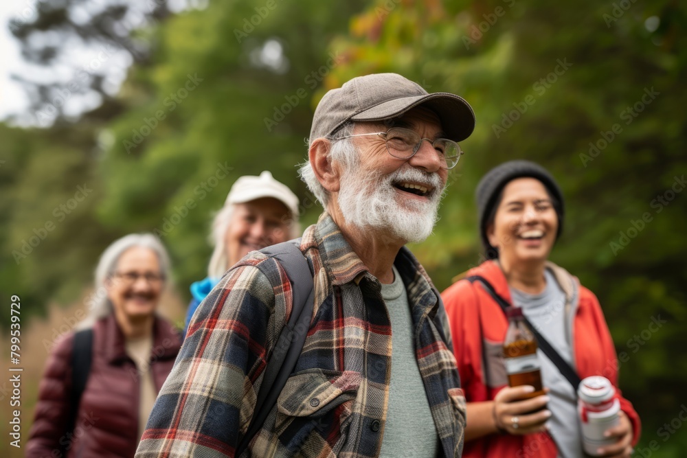 Group of senior friends hiking together in the nature. They are looking at camera and smiling.