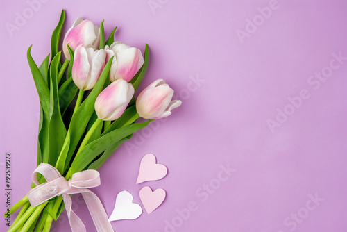 AI generated illustration of Mother's Day greeting card with tulips and envelope on a purple backdrop