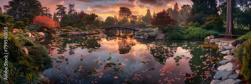 Serene Sunset Over San Francisco Botanical Garden Featuring Diverse Flora and Tranquil Pond Scenery photo