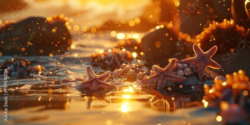 starfish and sea anemones under the golden light reflected in the water © Dament
