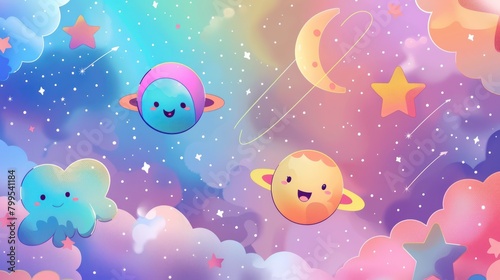Colorful children's themed cute outer space background illustration design with cheerful planets and stars.