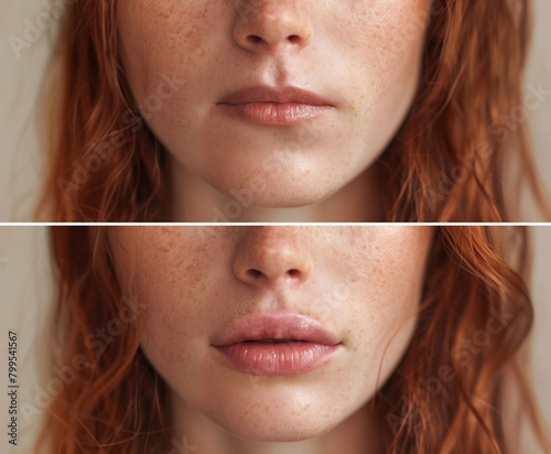Cropped shot of young ginger woman's face with lips before and after lip enhancement. Injection of filler in lips. Lip augmentation.