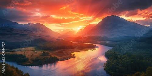 Sunset Over River and mountains