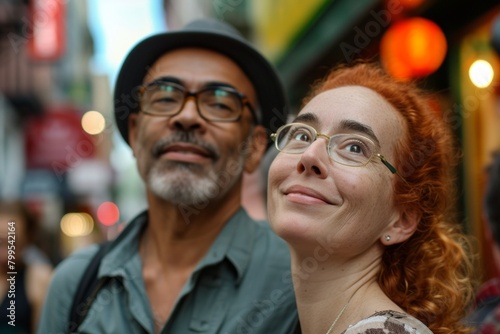 Portrait of senior couple walking in New York City  wearing glasses