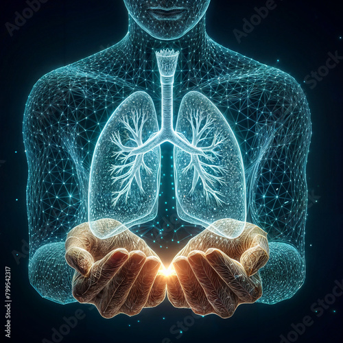 Two human hands are holds human lungs. Support healthy lungs concept. Wireframe glowing low poly design on dark blue background. Abstract futuristic vector illustration created with generative ai. photo