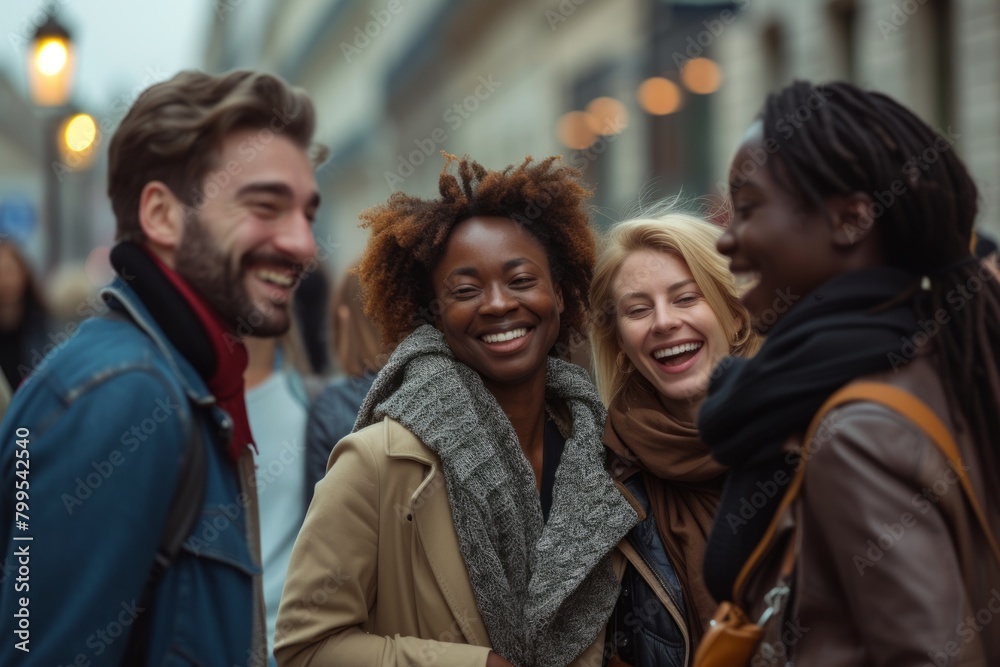 Multiethnic group of friends walking in the city. Smiling and looking at camera. Multiethnic group of friends walking in the city. Smiling and looking at camera.