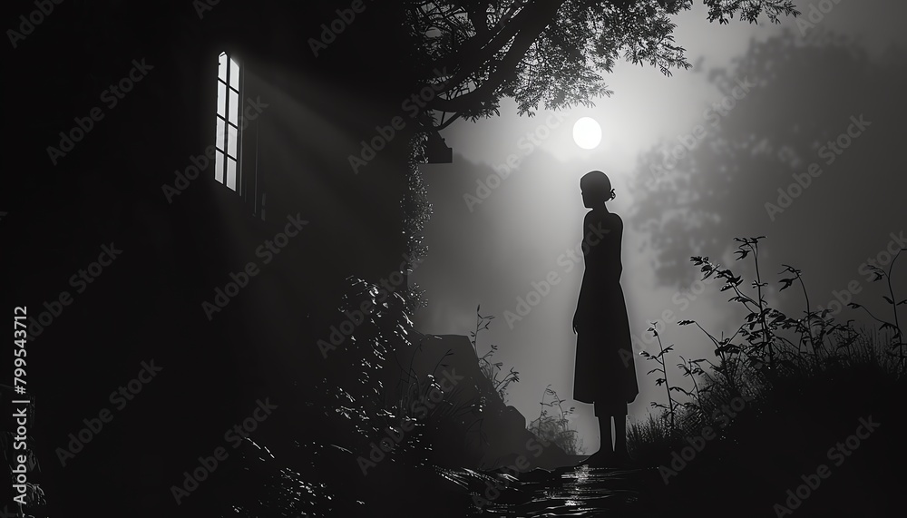 Deliver minimalist horror with a side view twist! Combine haunting shadows, eerie details, and monochrome tones in a spine-chilling scene Emphasize simplicity, fear, and depth