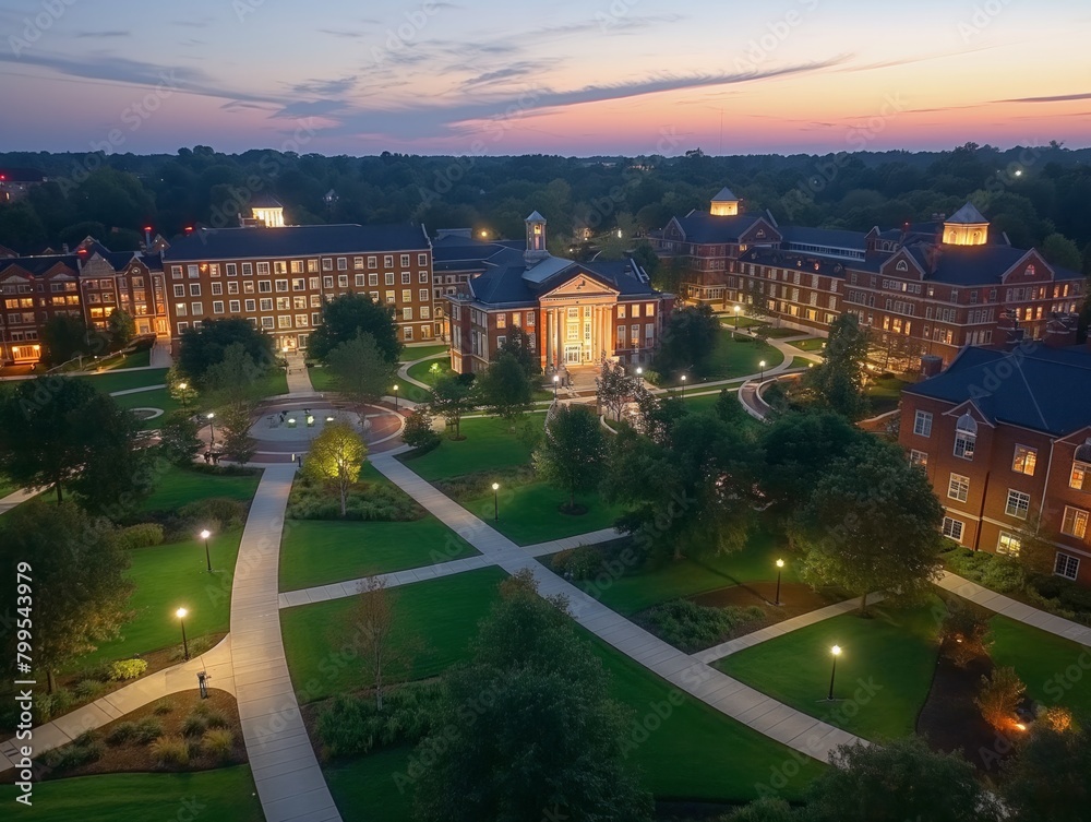 A beautiful campus with a large building in the center. The buildings are red and white. The sky is orange and the sun is setting