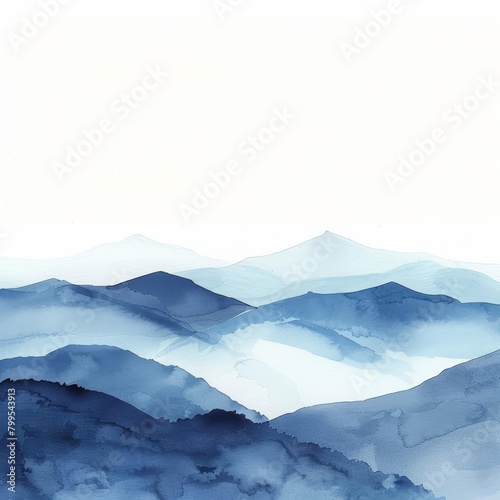 A clean watercolor painting of a simple mountain range, conveying peace and tranquility, minimal watercolor style illustration isolated on white background