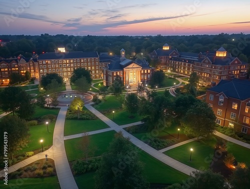 Obraz na płótnie A beautiful campus with a large building in the center. The buildings are red and white. The sky is orange and the sun is setting w salonie